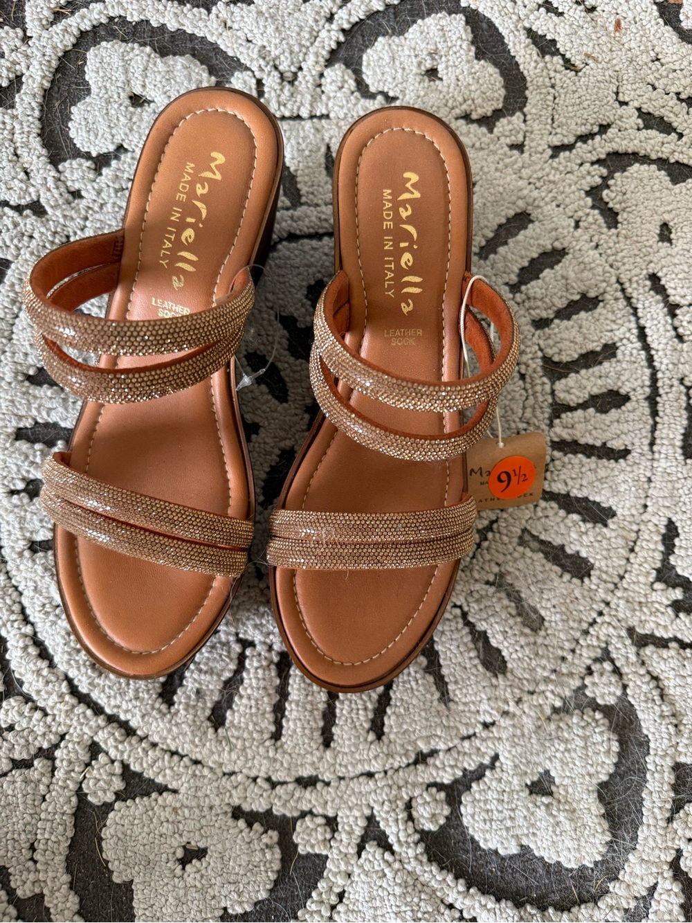 Ariella Tan Leather Slide Mules with Sparkling Double Straps